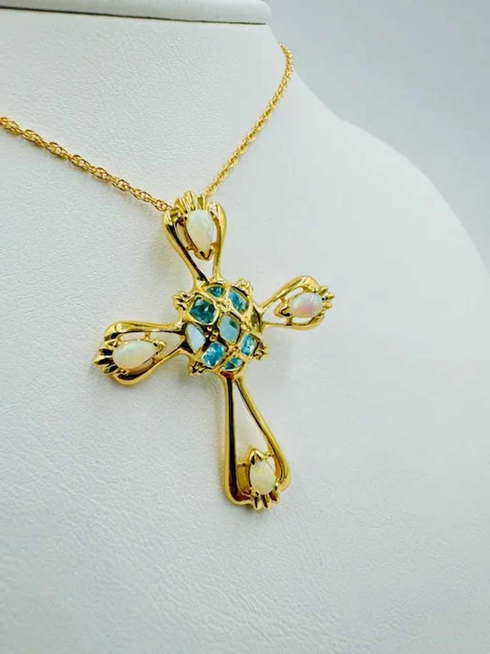 Estate 14k yellow gold Opal Topaz Cross Necklace … - image 4