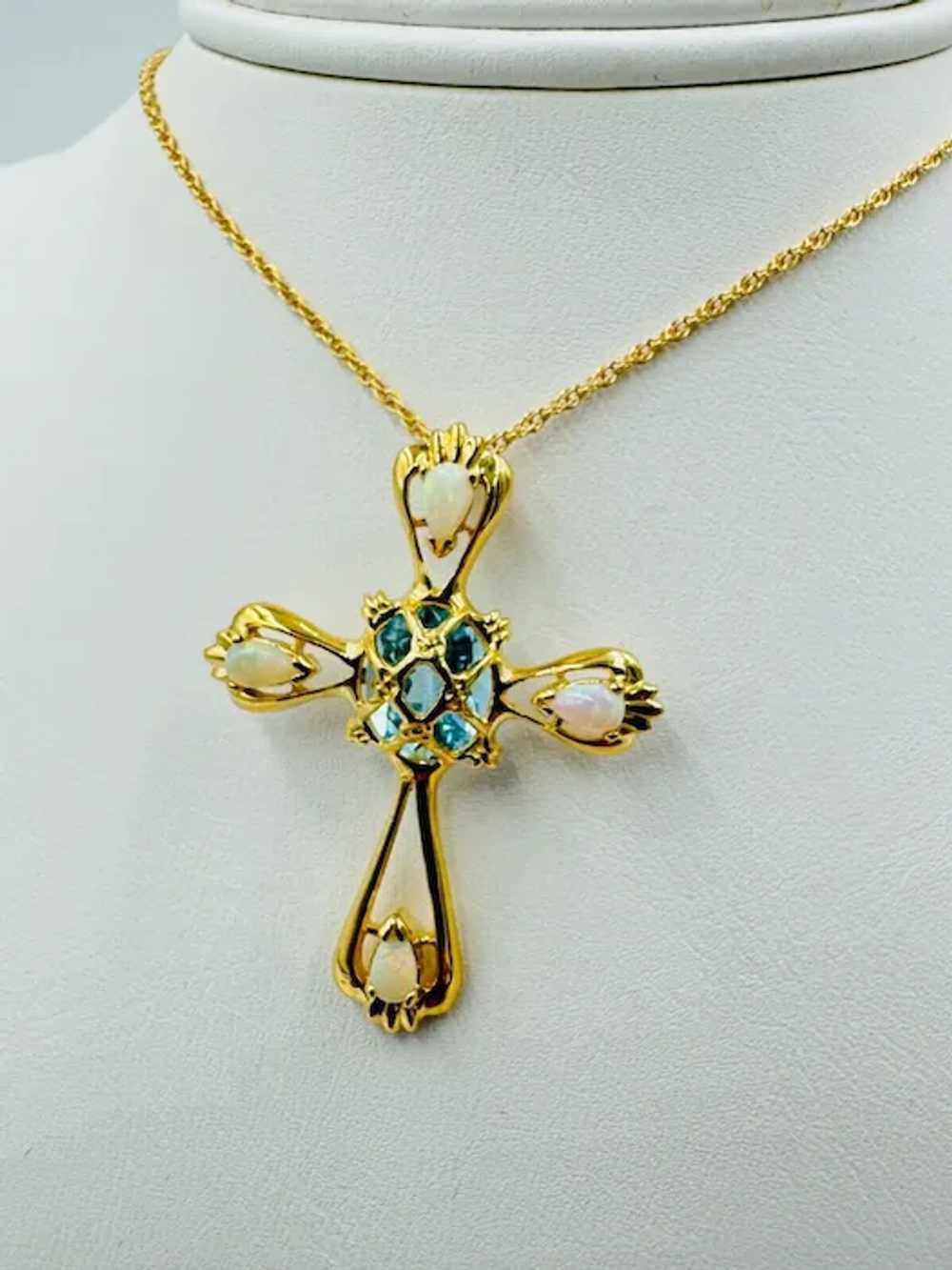 Estate 14k yellow gold Opal Topaz Cross Necklace … - image 5