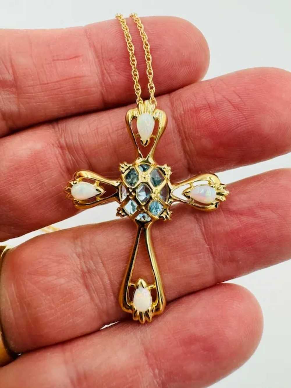 Estate 14k yellow gold Opal Topaz Cross Necklace … - image 7