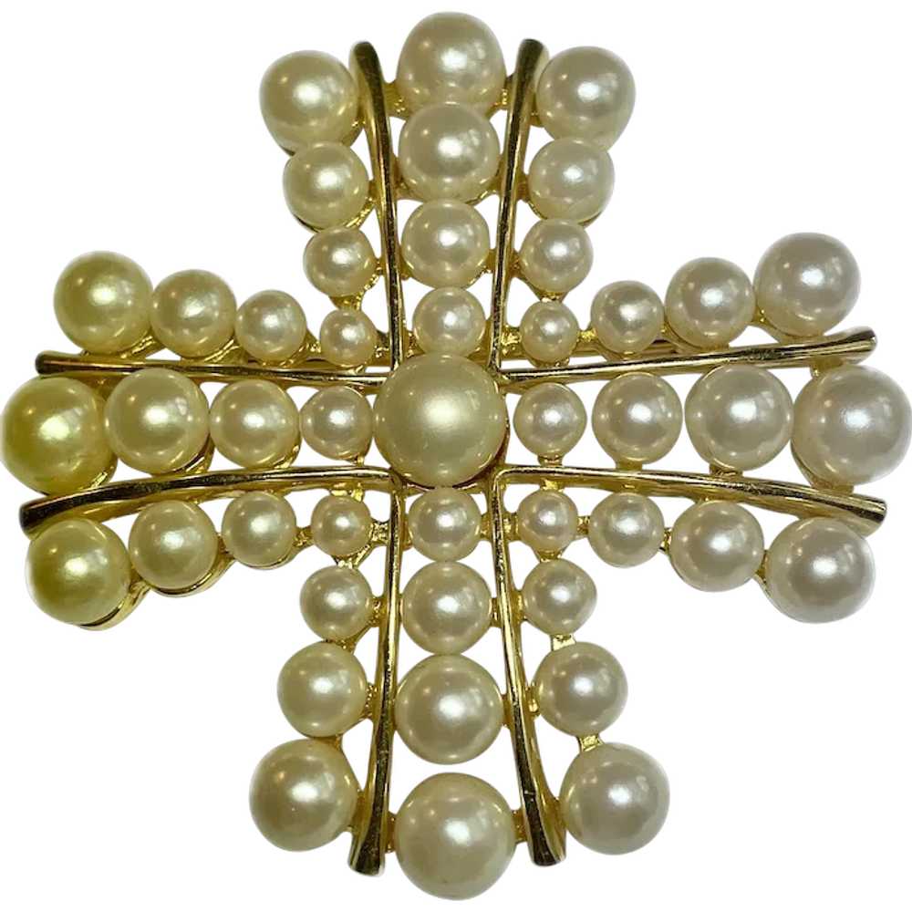 Joan Rivers Faux Pearl Maltese Cross Pin Brooch - image 1