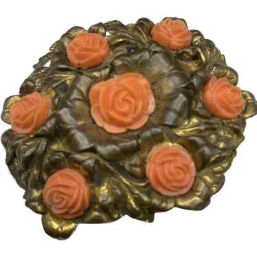 Large Brass and Faux Coral Carved Celluloid Roses 