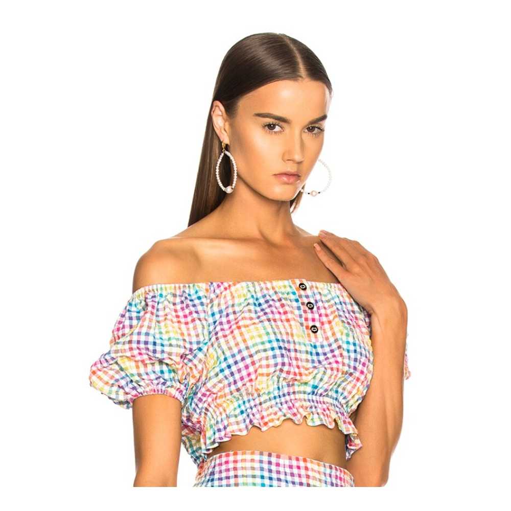 Caroline Constas Bardot Rainbow Grid Gingham Crop… - image 1