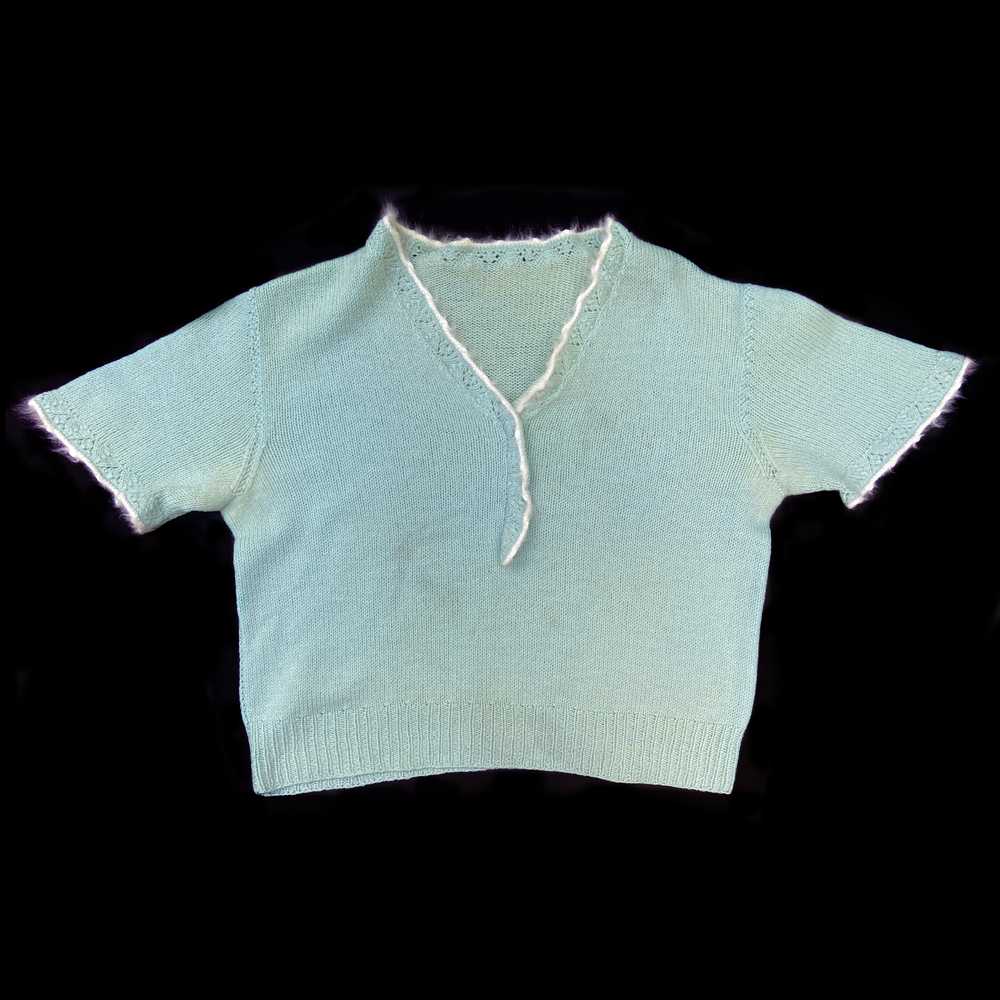 1930s Hand Knit Blue Angora Trimmed Sweater - image 1