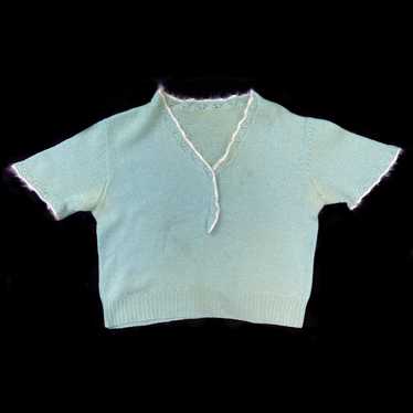 1930s Hand Knit Blue Angora Trimmed Sweater - image 1