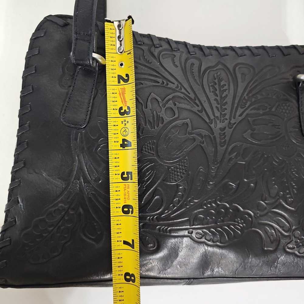 Vintage black tooled leather floral bookbag shoul… - image 11