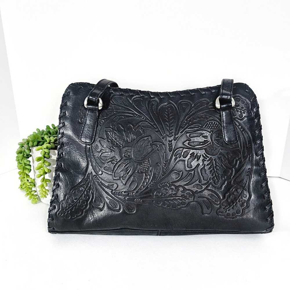 Vintage black tooled leather floral bookbag shoul… - image 1