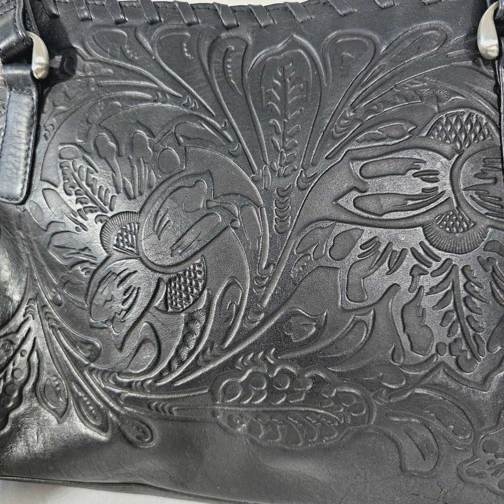 Vintage black tooled leather floral bookbag shoul… - image 2