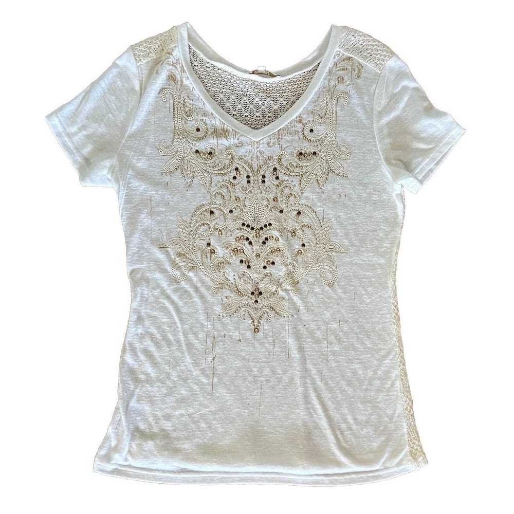 Miss Me Miss Me Women’s L Cream Shirt Faux Embroi… - image 1