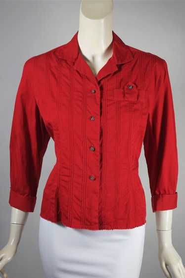 Pintucked lipstick red cotton 1950s blouse top L