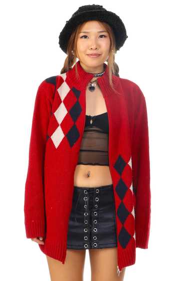 Vintage Y2K Argyle Knit Zip Up Sweater - OSFM