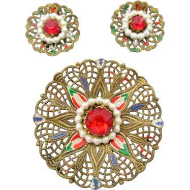 Western Germany Filigree Enamel and Rhinestone Br… - image 1