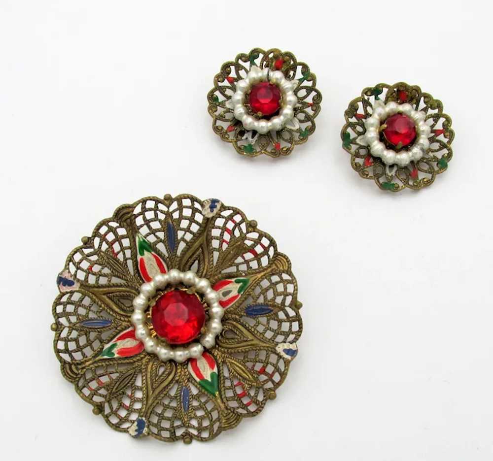 Western Germany Filigree Enamel and Rhinestone Br… - image 4