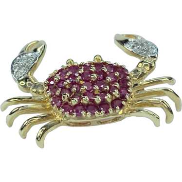 Ruby and Diamond Crab Design Brooch / Pendant 14K - image 1