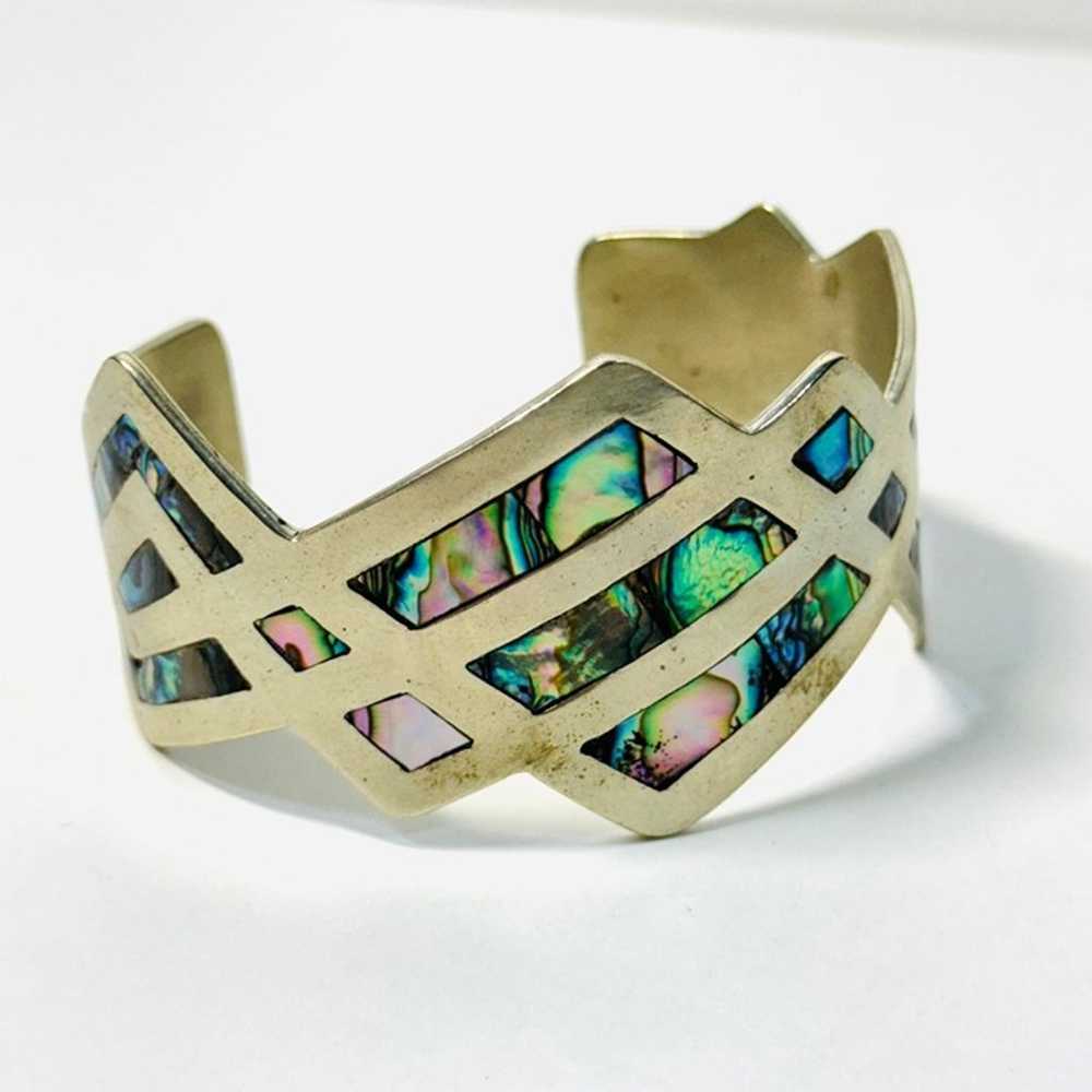 Vintage Large Abalone Shell Alpaca Silver Cuff Br… - image 1