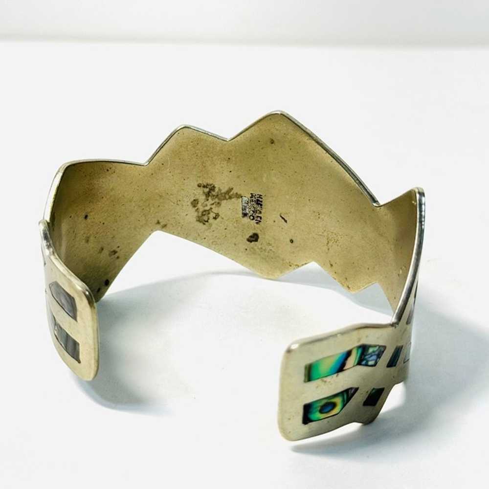 Vintage Large Abalone Shell Alpaca Silver Cuff Br… - image 2