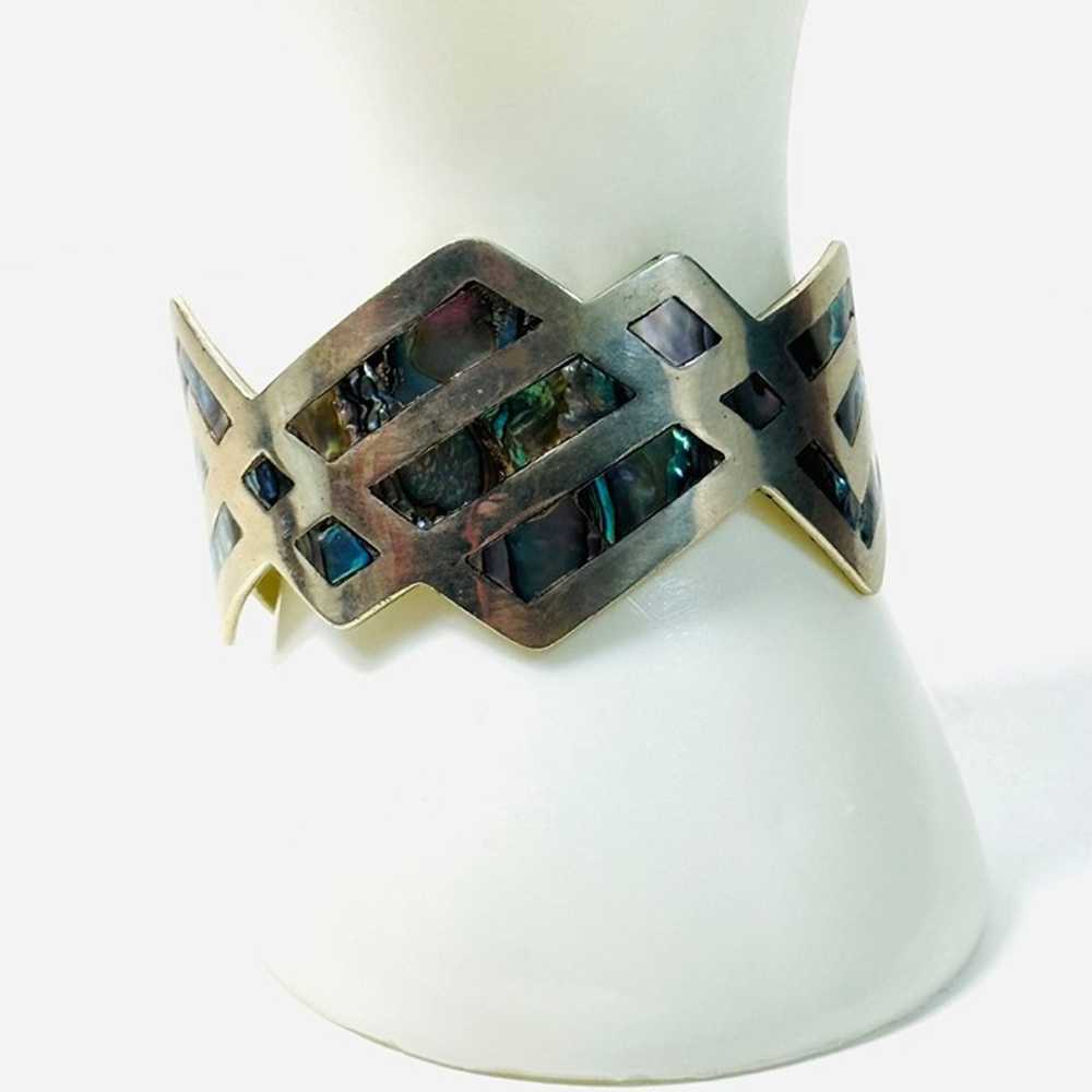 Vintage Large Abalone Shell Alpaca Silver Cuff Br… - image 6