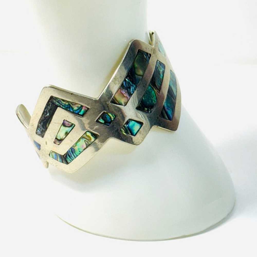 Vintage Large Abalone Shell Alpaca Silver Cuff Br… - image 7