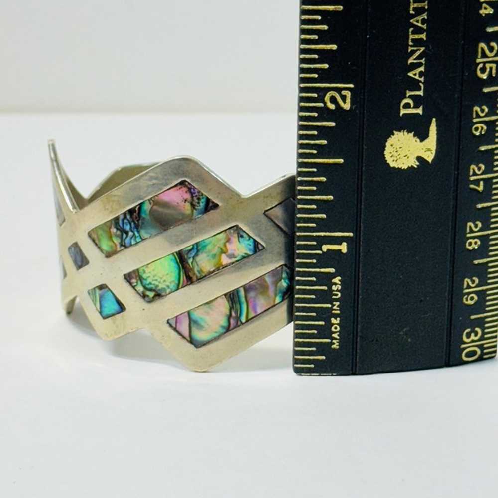 Vintage Large Abalone Shell Alpaca Silver Cuff Br… - image 9