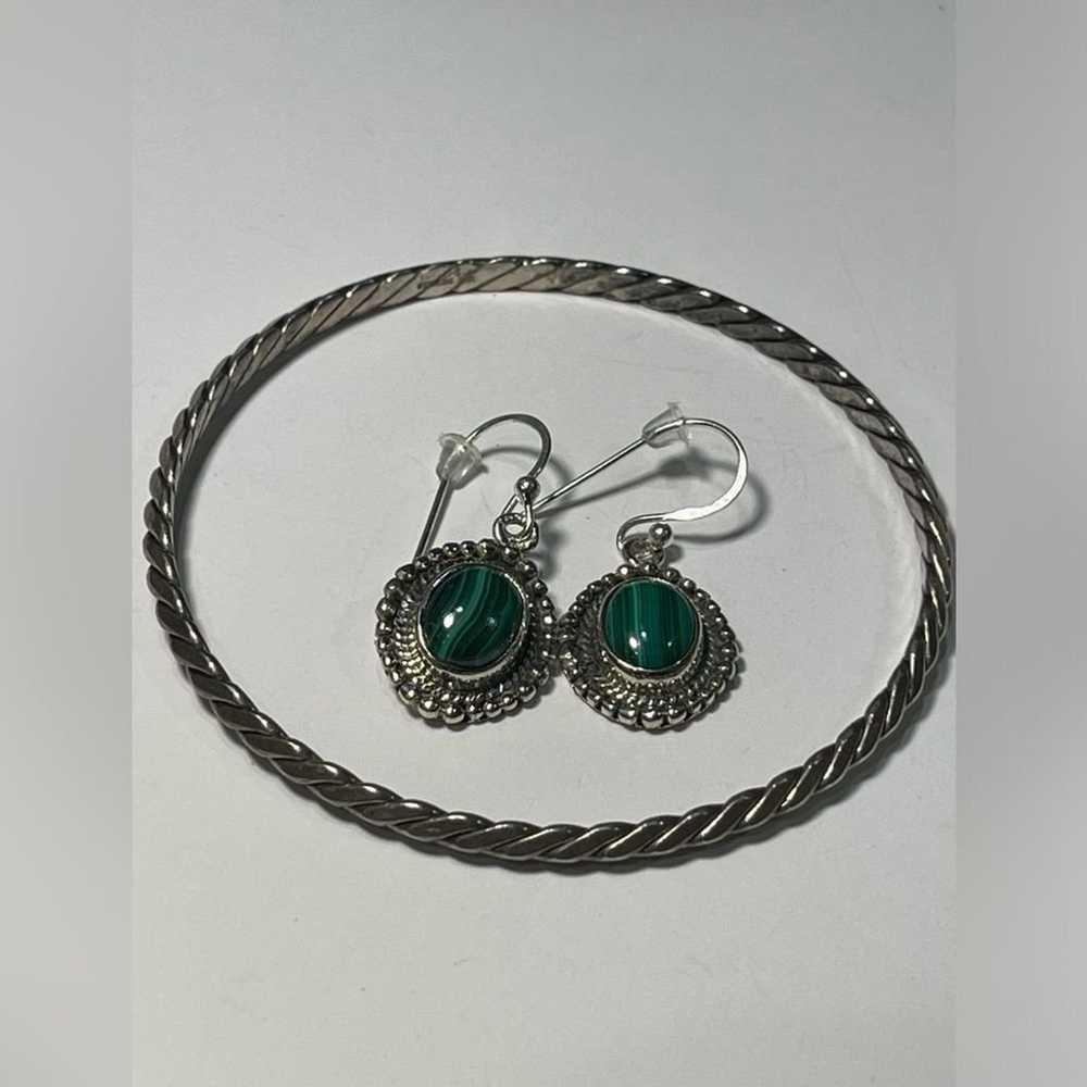 Sterling Silver 925 Bracelet & Malachite Earrings… - image 1