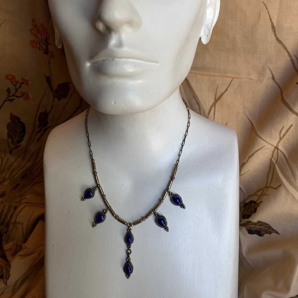 Lapis and sterling silver signed navajo necklace - image 1