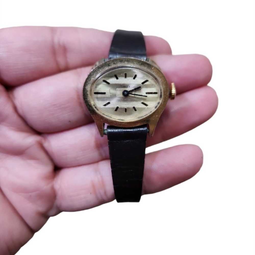 Vintage Timex Gold Toned Wind Up Watch Brown Leat… - image 1