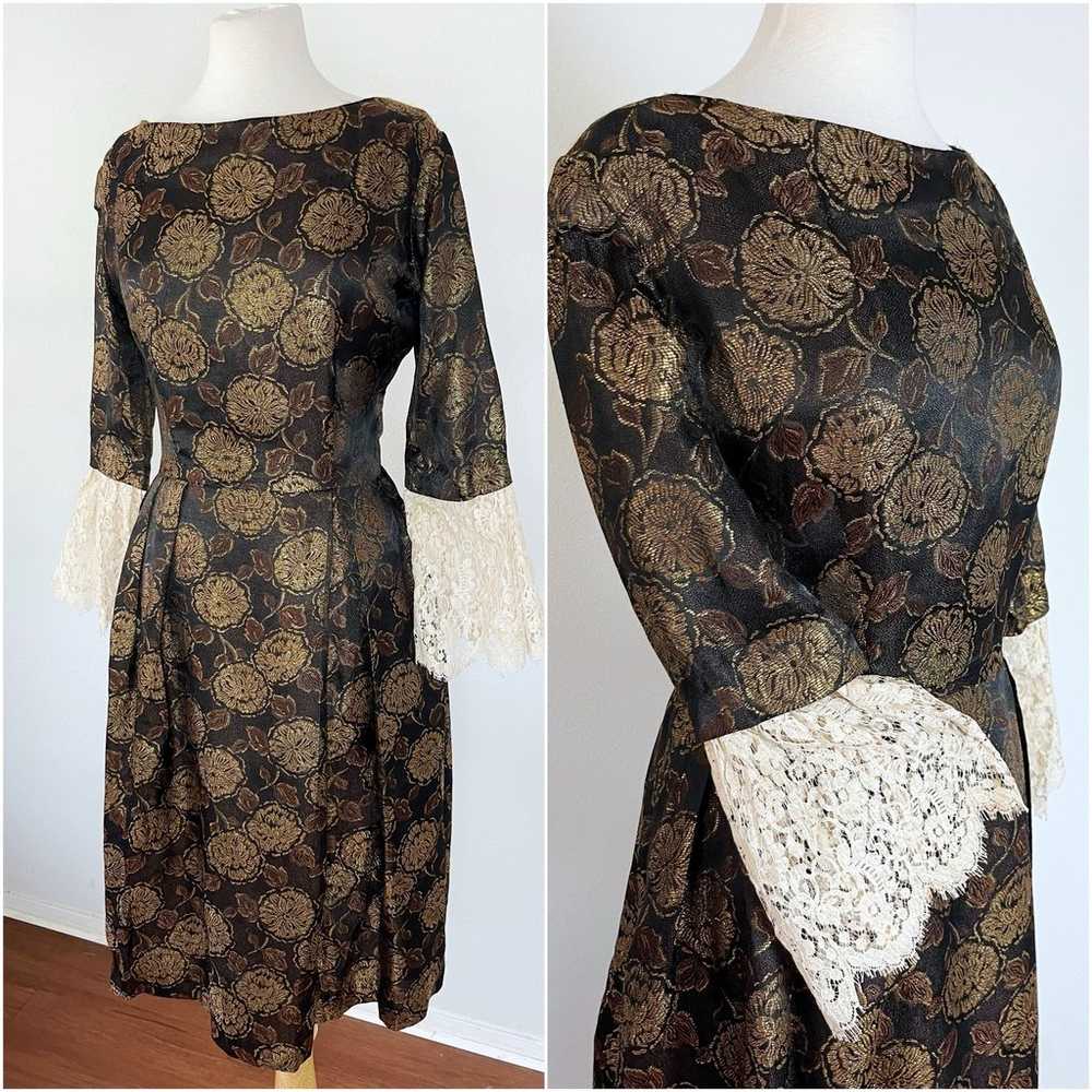 Vintage 60s Gold Black Jacquard Floral Cocktail M… - image 1