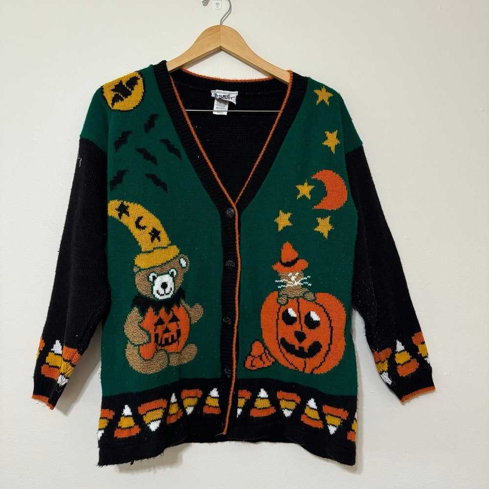 Vintage Halloween Pumpkin Bear Cardigan - image 1