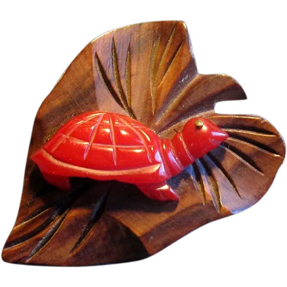 Wooden Leaf Dress Clip with Red Bakelite Turtle - image 1