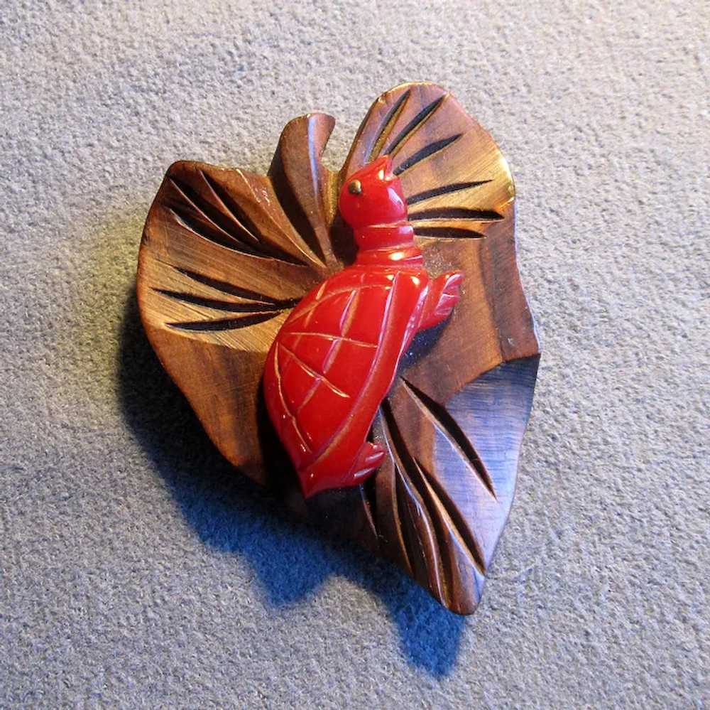 Wooden Leaf Dress Clip with Red Bakelite Turtle - image 2