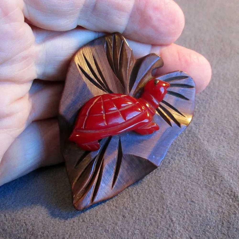 Wooden Leaf Dress Clip with Red Bakelite Turtle - image 5