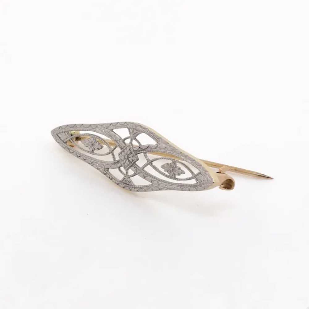 Vintage Filigree Pin Brooch 14K Yellow Gold & Pla… - image 3