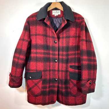 Vintage LL Bean Wool Coat Womens M Red Black Plai… - image 1