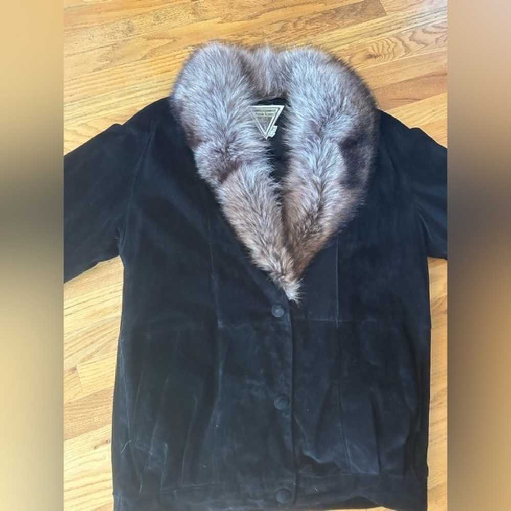 Vintage Black Leather Fur Collar Coat, Size L - image 2