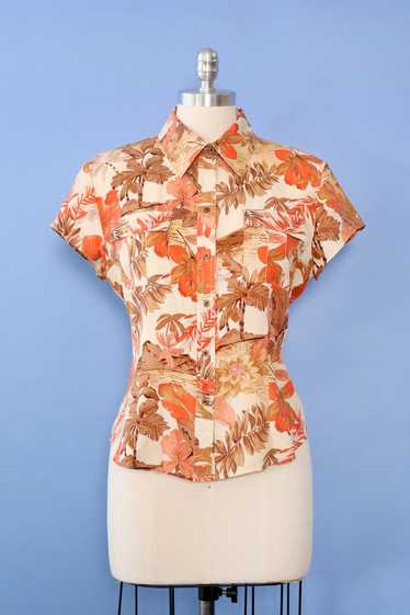 Coral Cream Silk Botanical Blouse L