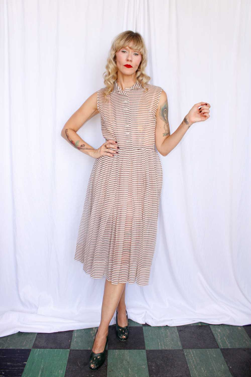 1950s Sheer Puckered Nylon Striped Dress - Medium - image 7