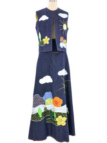 1970s Denim Applique Skirt Ensemble