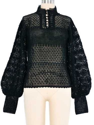 Black Balloon Sleeve Crochet Sweater