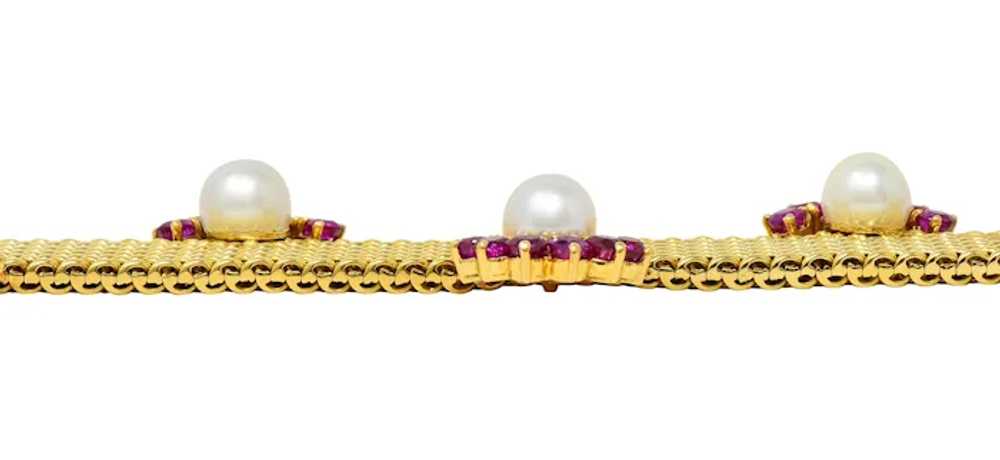 French 1960's Ruby Pearl 18 Karat Yellow Gold Wov… - image 12