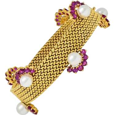 French 1960's Ruby Pearl 18 Karat Yellow Gold Wov… - image 1