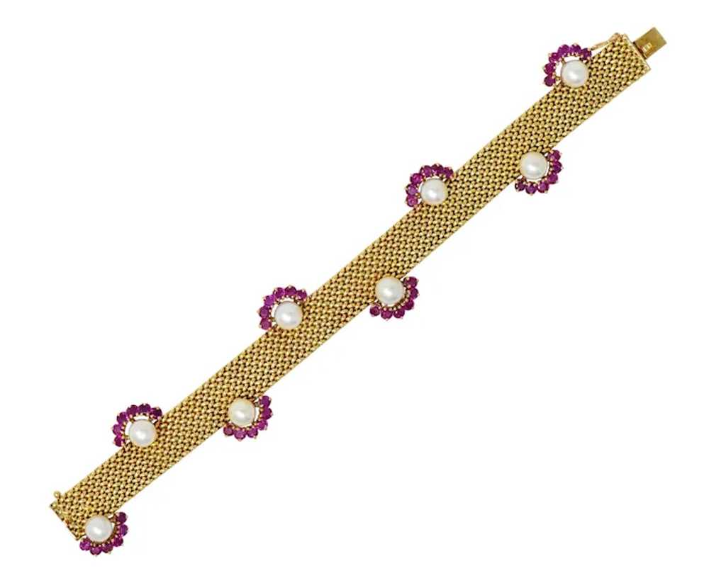 French 1960's Ruby Pearl 18 Karat Yellow Gold Wov… - image 3