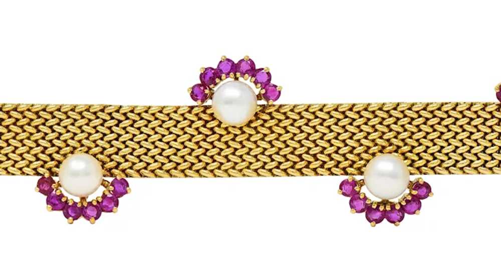 French 1960's Ruby Pearl 18 Karat Yellow Gold Wov… - image 7