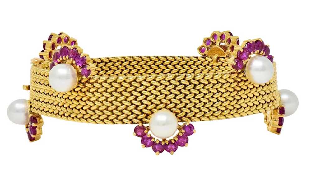 French 1960's Ruby Pearl 18 Karat Yellow Gold Wov… - image 9