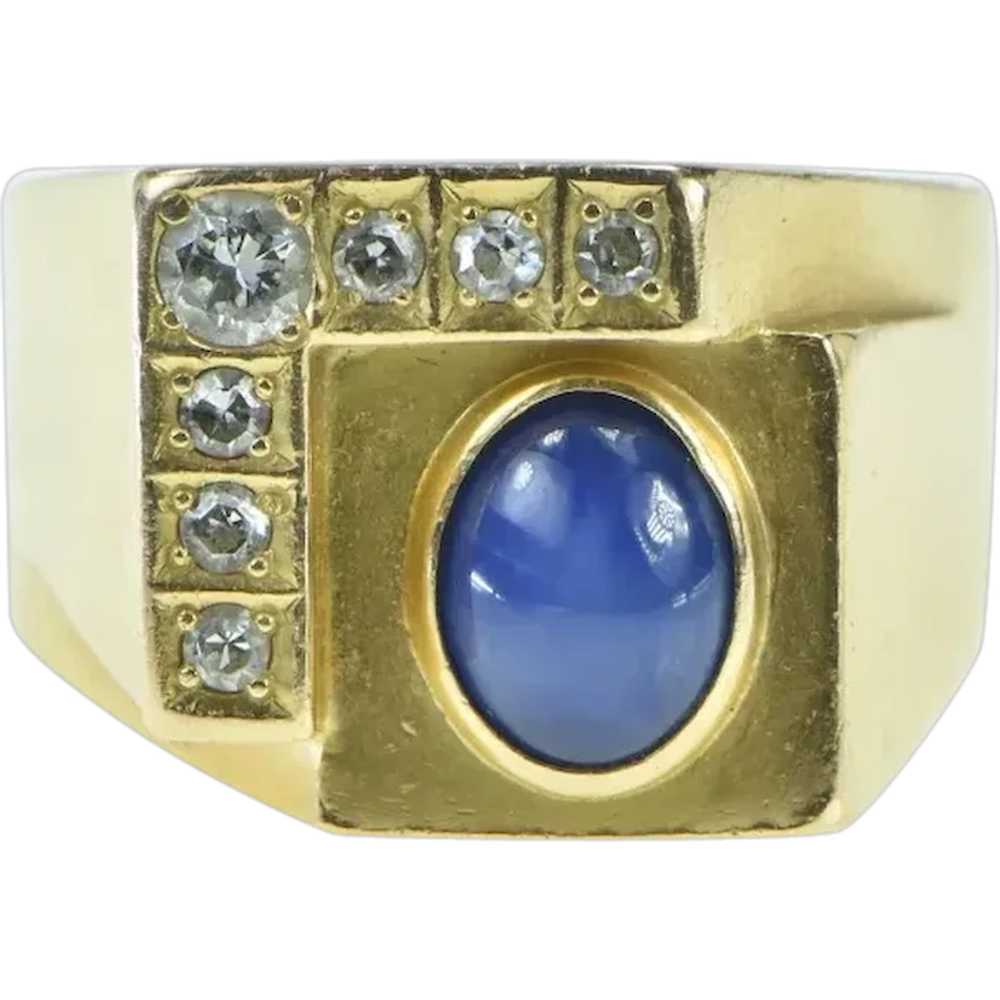 14K Vintage Squared Diamond Syn. Sapphire Ring Si… - image 1