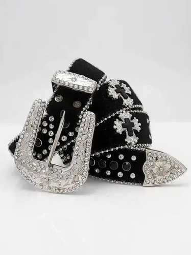 Leather × Streetwear Dazzling Rhinestone Belt PU … - image 1