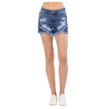 Judy Blue Distressed Tulip Hem Shorts in Dark Wash