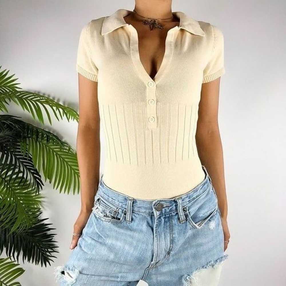 Princess Polly Cream Ribbed Knit Short Sleeve Col… - image 1