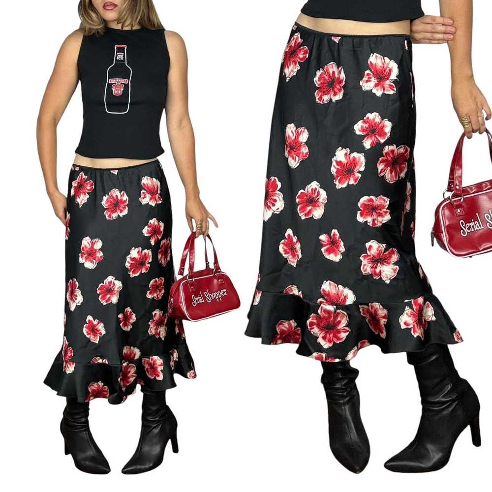 2000s Floral Satin Midi Skirt (M) - image 2