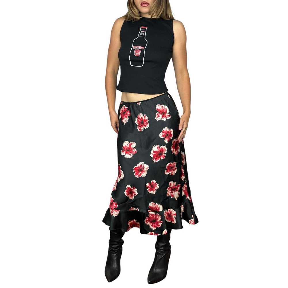 2000s Floral Satin Midi Skirt (M) - image 4