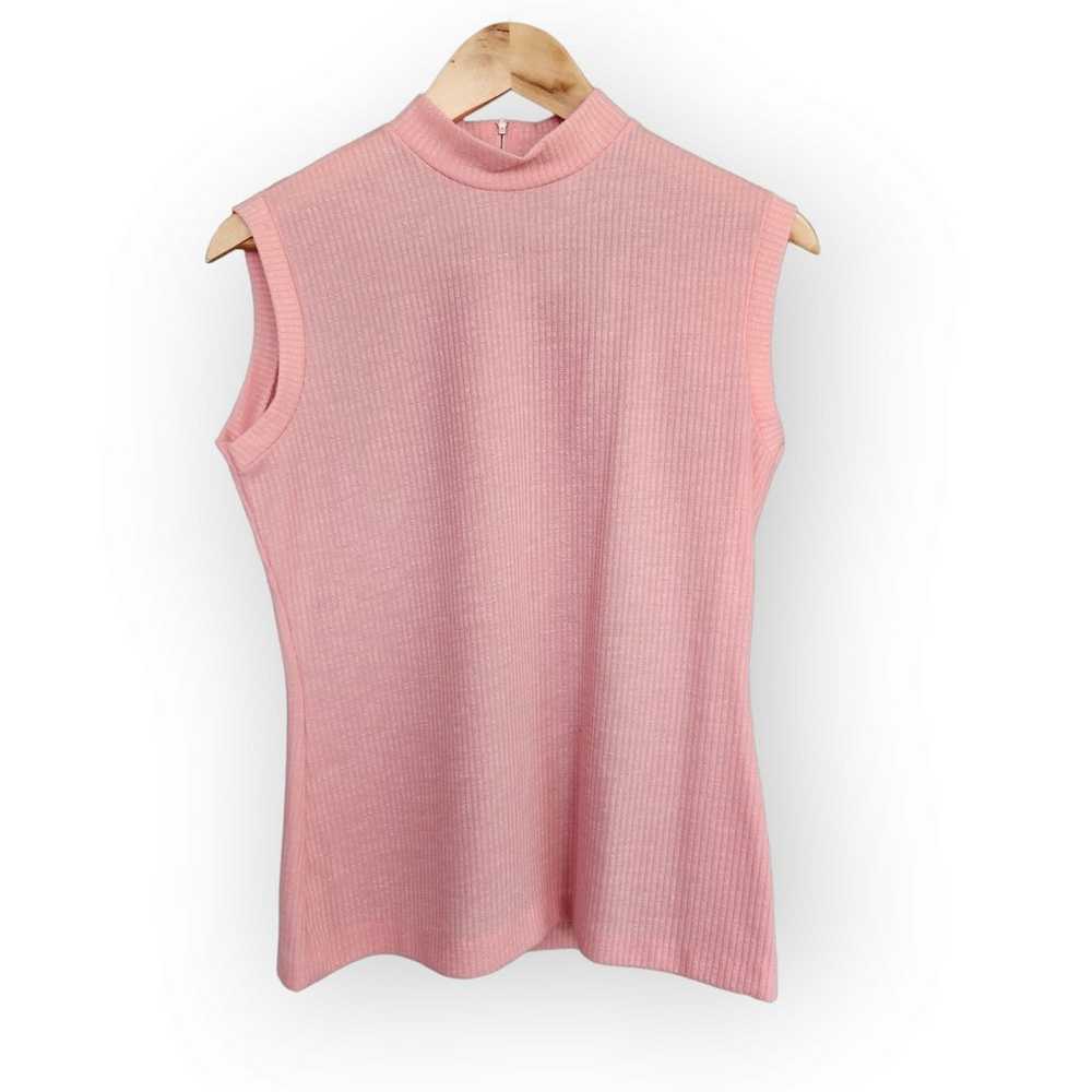 Retro Pink High Neck Sleeveless Ribbed Tank Shirt… - image 1