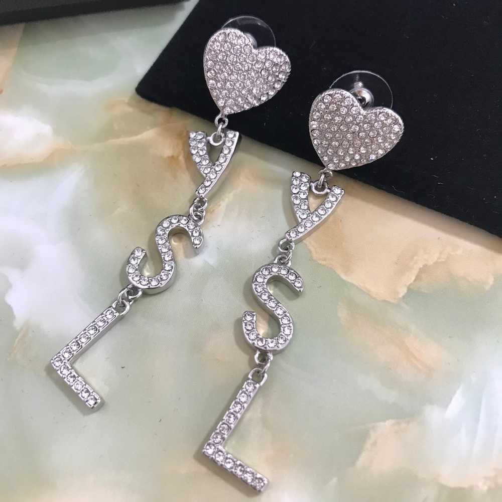 Vintage Heart Rhinestone Logo Drop Earrings - image 2